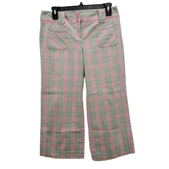 Ann Taylor LOFT Marisa Pink Lime Gingham Pulitzer Retro Wide Leg Cropped Pants 4 - Picture 1 of 8